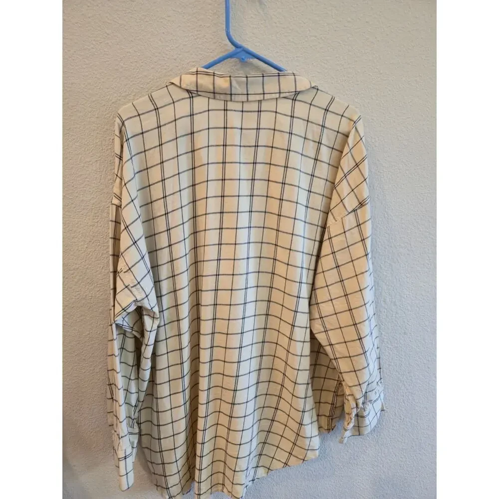 Madewell Women's 2 Piece Plaid Flannel Beige Windowpane Check Pajama Set Size L